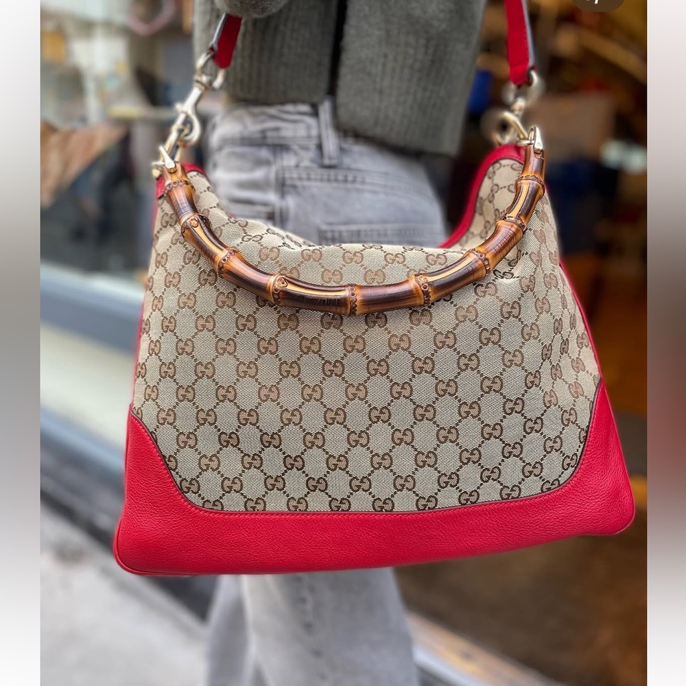 Authentic Gucci Diana Bamboo Shoulder Bag in GG Canvas with red leather trim